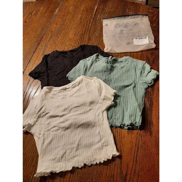 New Girls 10 Years Romwe 3pc Rib Knit Short Sleeve Lettuce Trim Crop Top Shirts - Picture 6 of 8